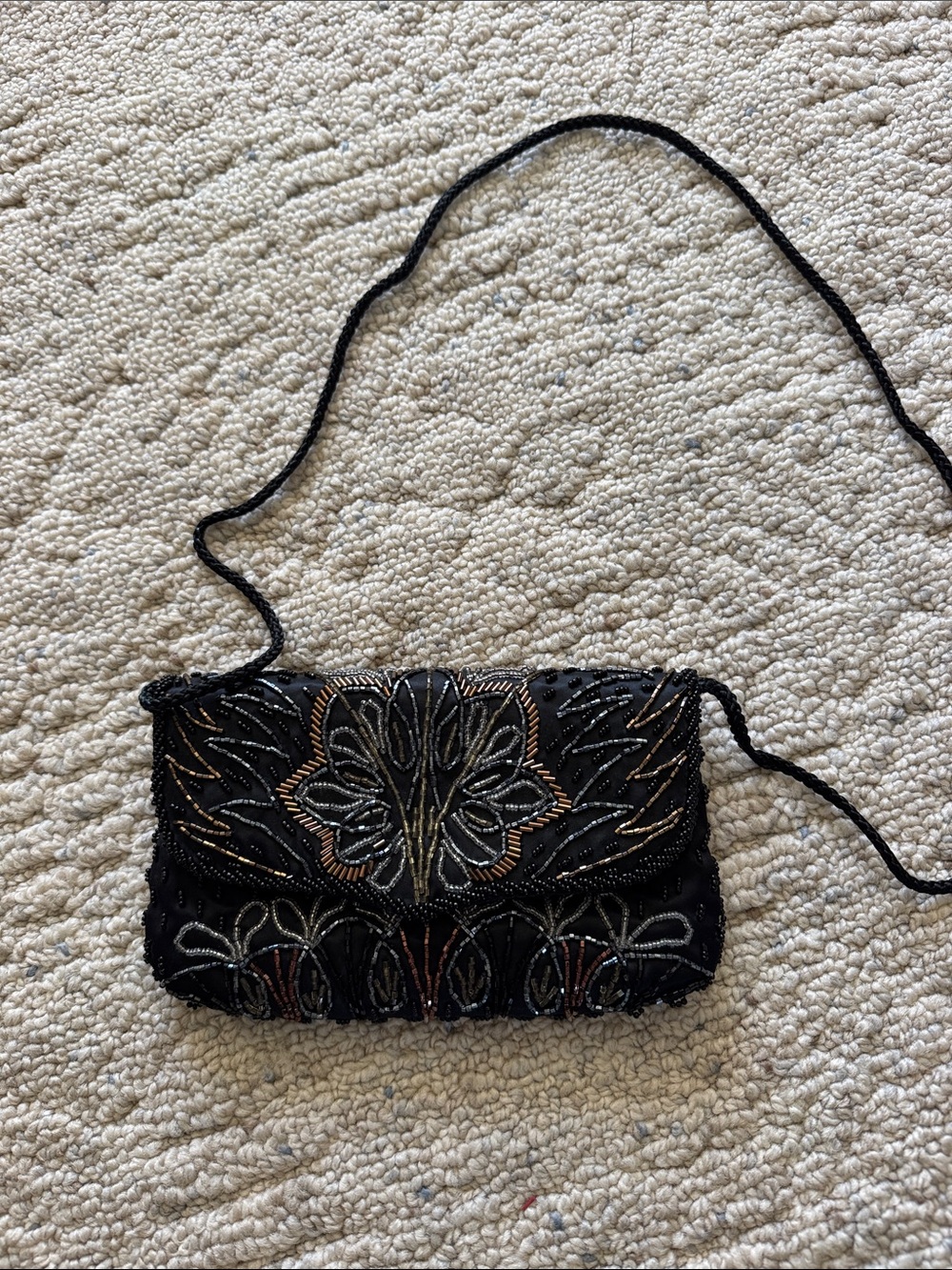 Black Beaded Floral Evening Clutch with Shoulder Strap